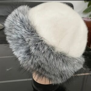 Elegant White and Gray Faux Fur Hat